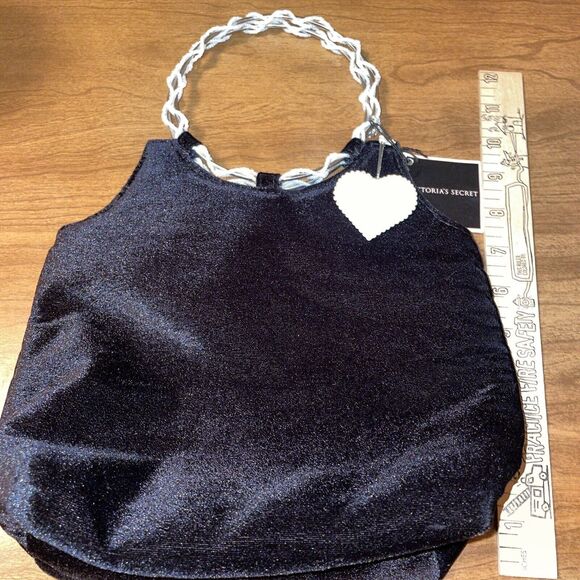 Victoria Secret Black Velvet Satchel Bag Purse Gift Bag Pearl Heart Charm Small - Picture 2 of 11